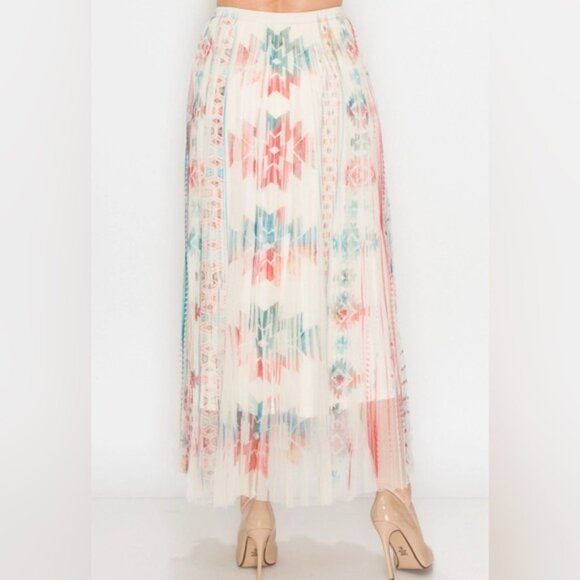 NEW Origami Cream Aztec Tribal Orange Red Blue Tulle Overlay 2 Tier Maxi Skirt M - Picture 5 of 6
